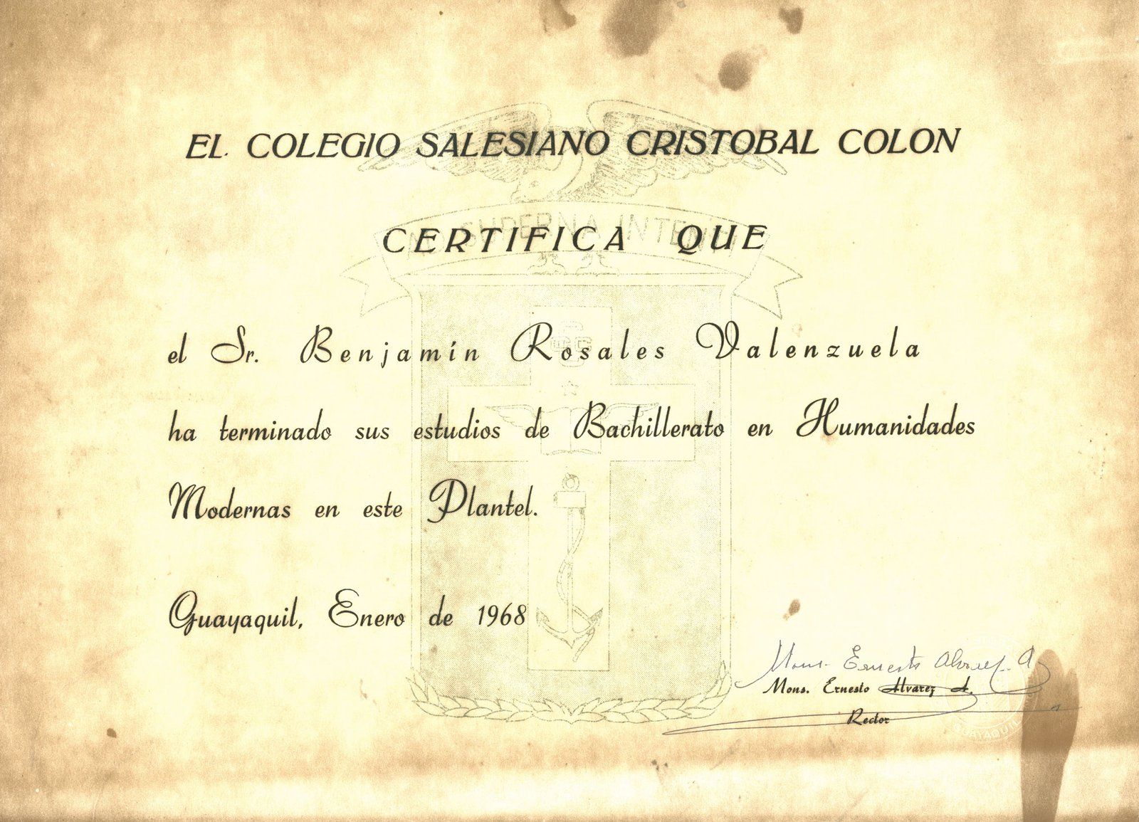 Certificado de bachillerato del Colegio Salesiano Cristóbal Colón, Guayaquil, 1968