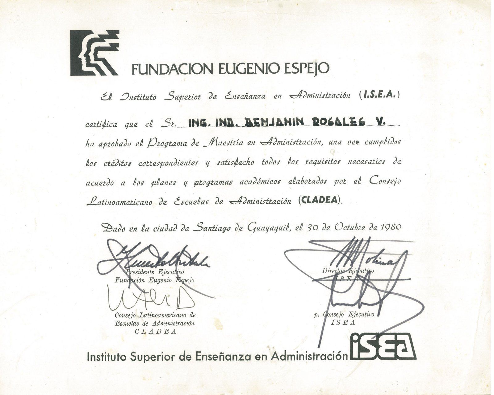 Certificado del Programa de Maestría en Administración del ISEA, Guayaquil, 1980