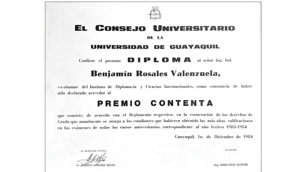 Diploma del Premio Contenta de la Universidad de Guayaquil, 1984