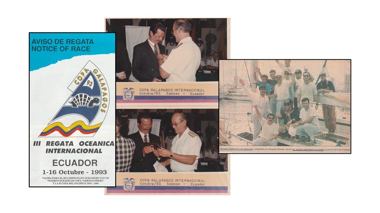 Aviso de la III Regata Oceánica Copa Galápagos 1993 y fotografías de la premiación y la tripulación del Fanfarrón