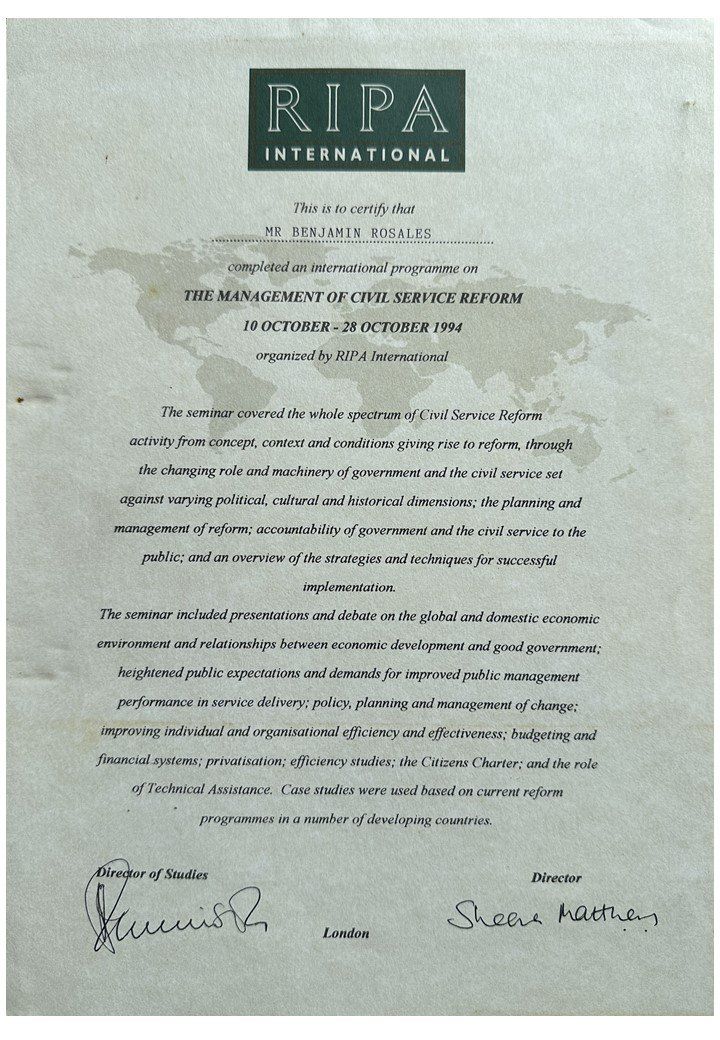 Certificado del programa internacional sobre reforma del servicio civil de RIPA International, Londres, 1994