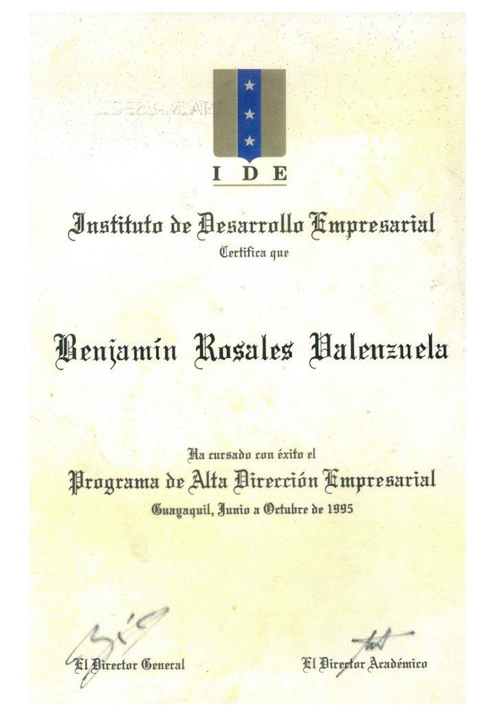 Certificado del Programa de Alta Dirección Empresarial del IDE, Guayaquil, 1995