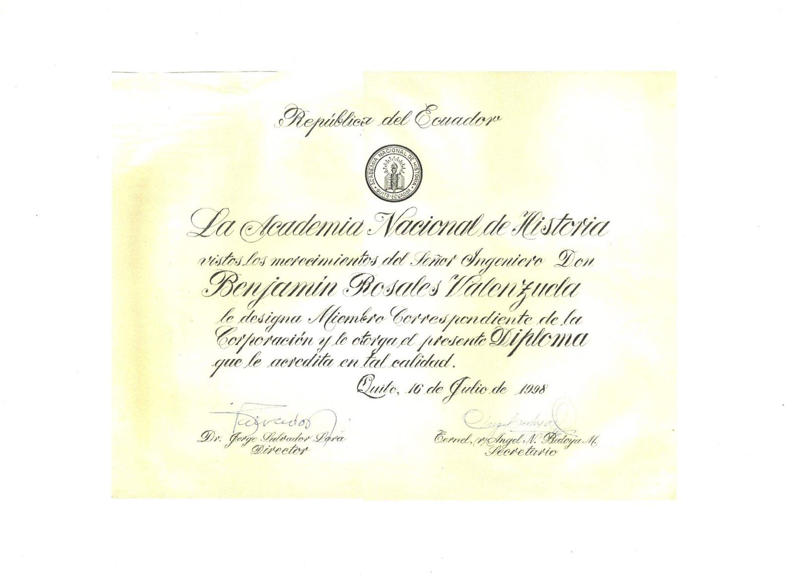 Diploma de Miembro Correspondiente de la Academia Nacional de Historia del Ecuador, 1998