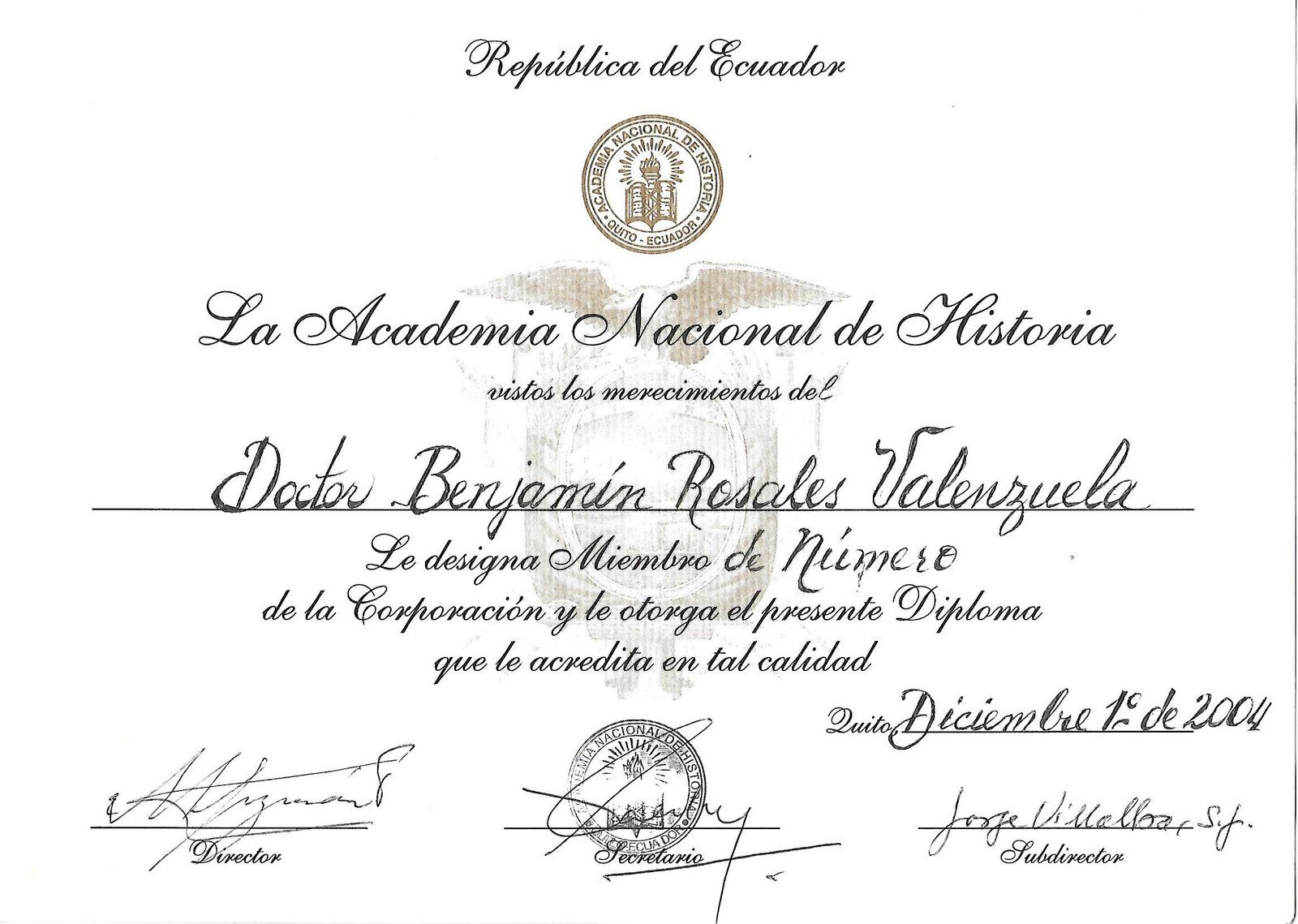 Diploma de Miembro de Número de la Academia Nacional de Historia del Ecuador, 2004