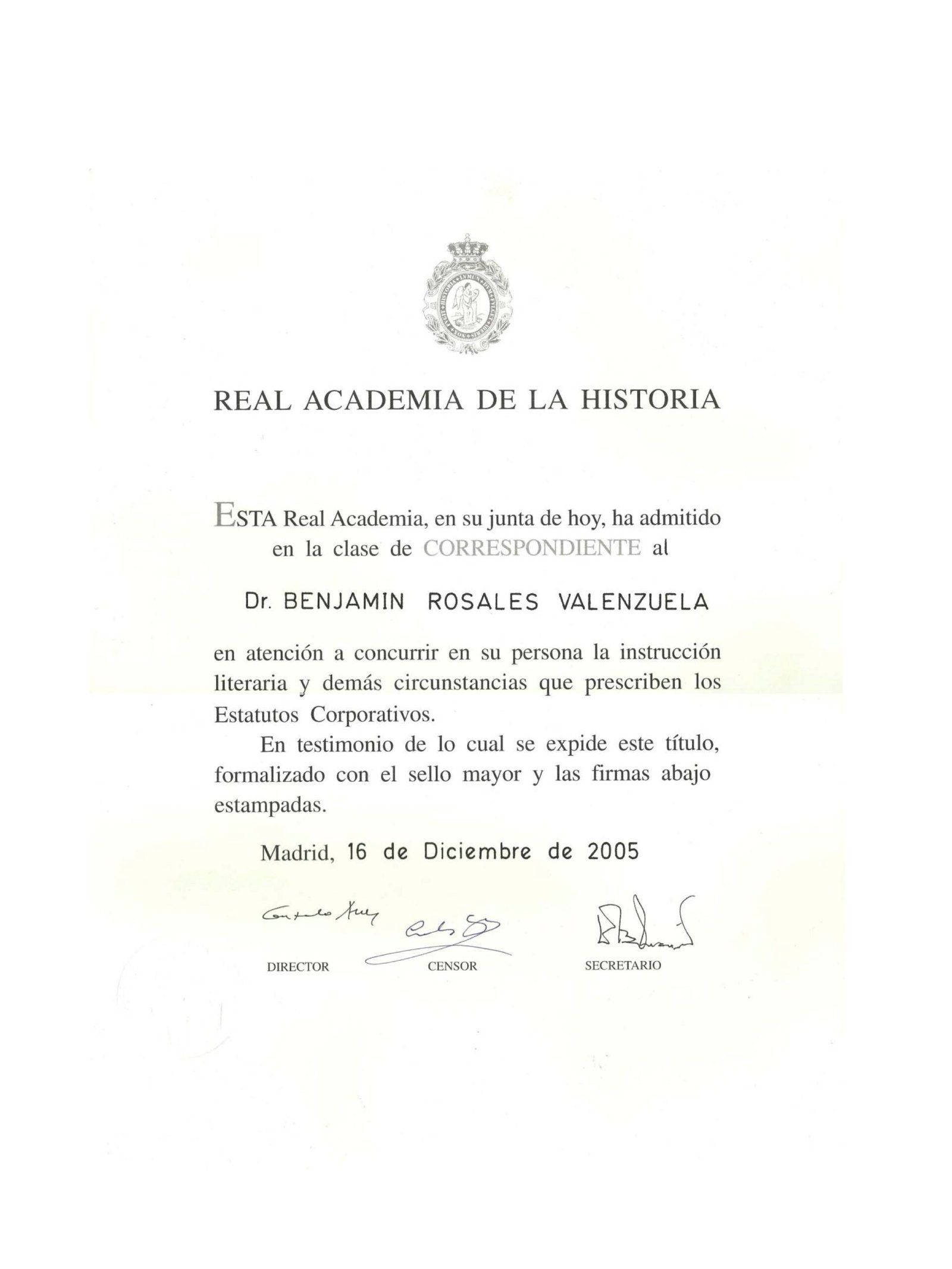 Título de Académico Correspondiente de la Real Academia de la Historia de España, 2005