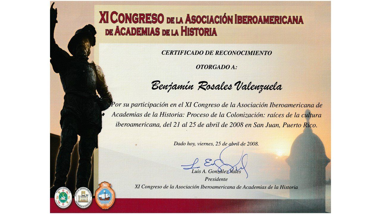 Certificado de reconocimiento del XI Congreso de Academias Iberoamericanas de la Historia, San Juan, 2008