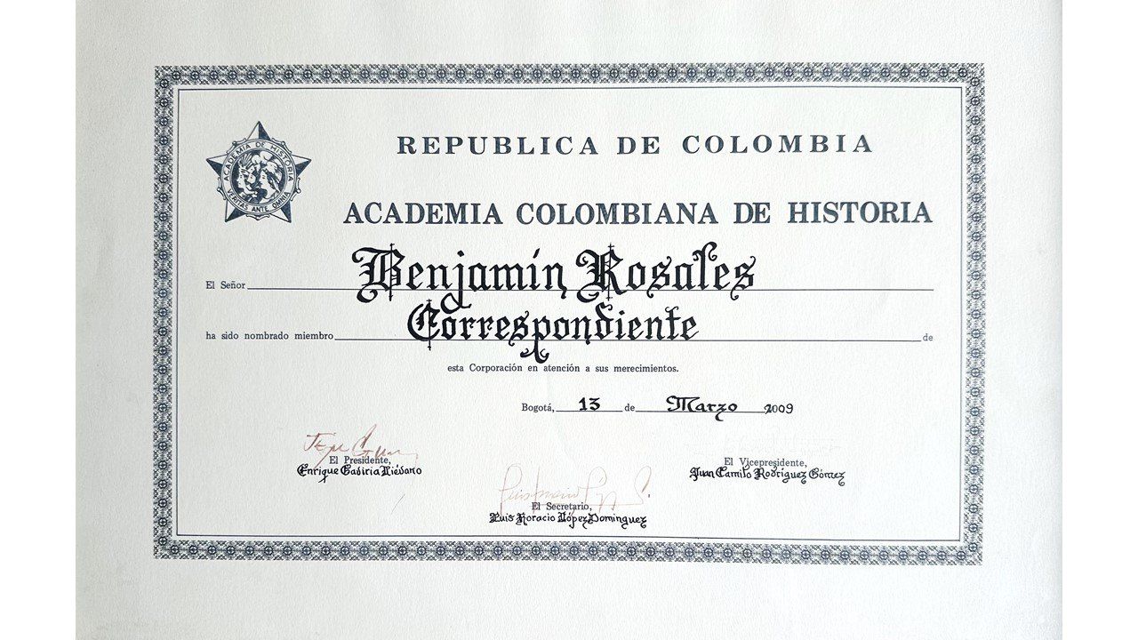 Diploma de Miembro Correspondiente de la Academia Colombiana de Historia, 2009