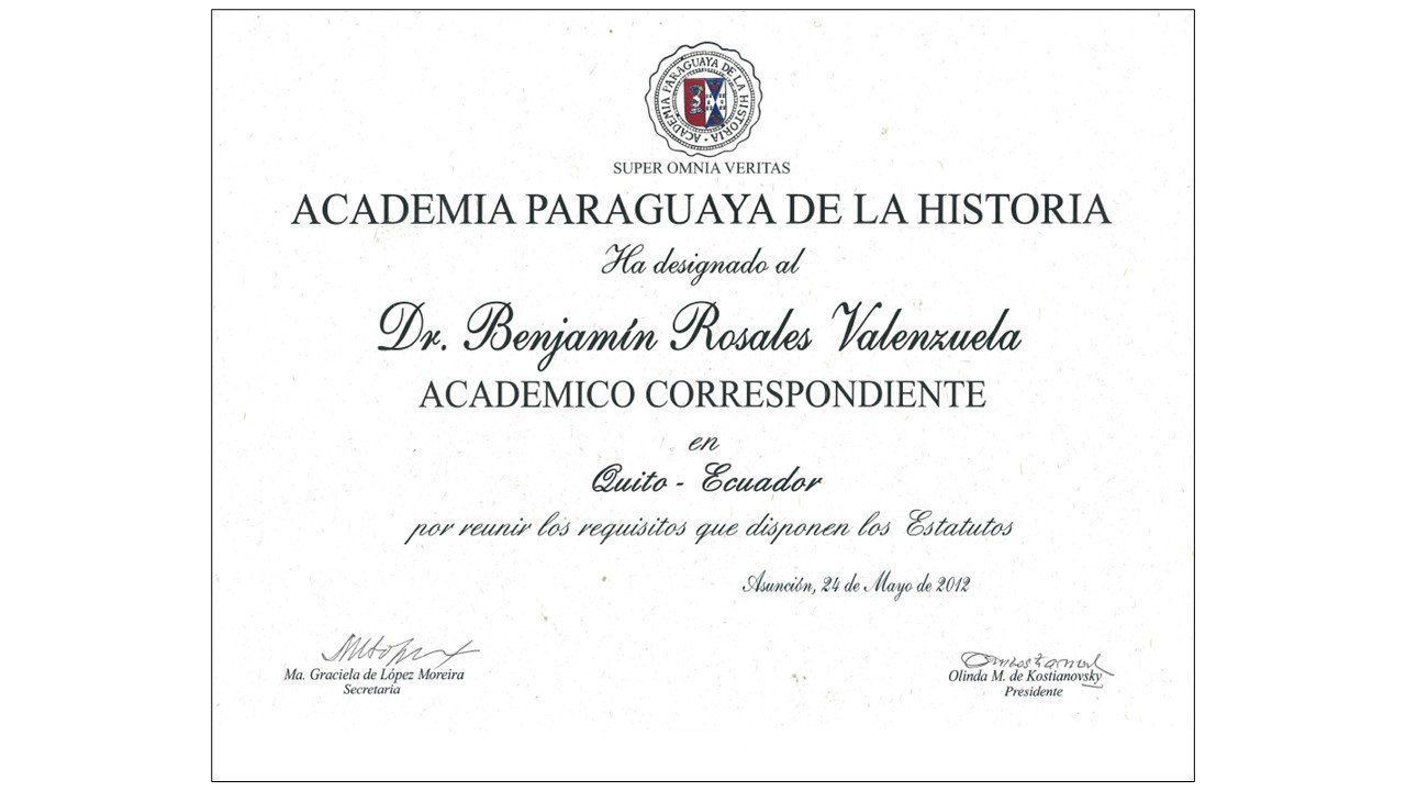 Diploma de Académico Correspondiente de la Academia Paraguaya de la Historia, 2012