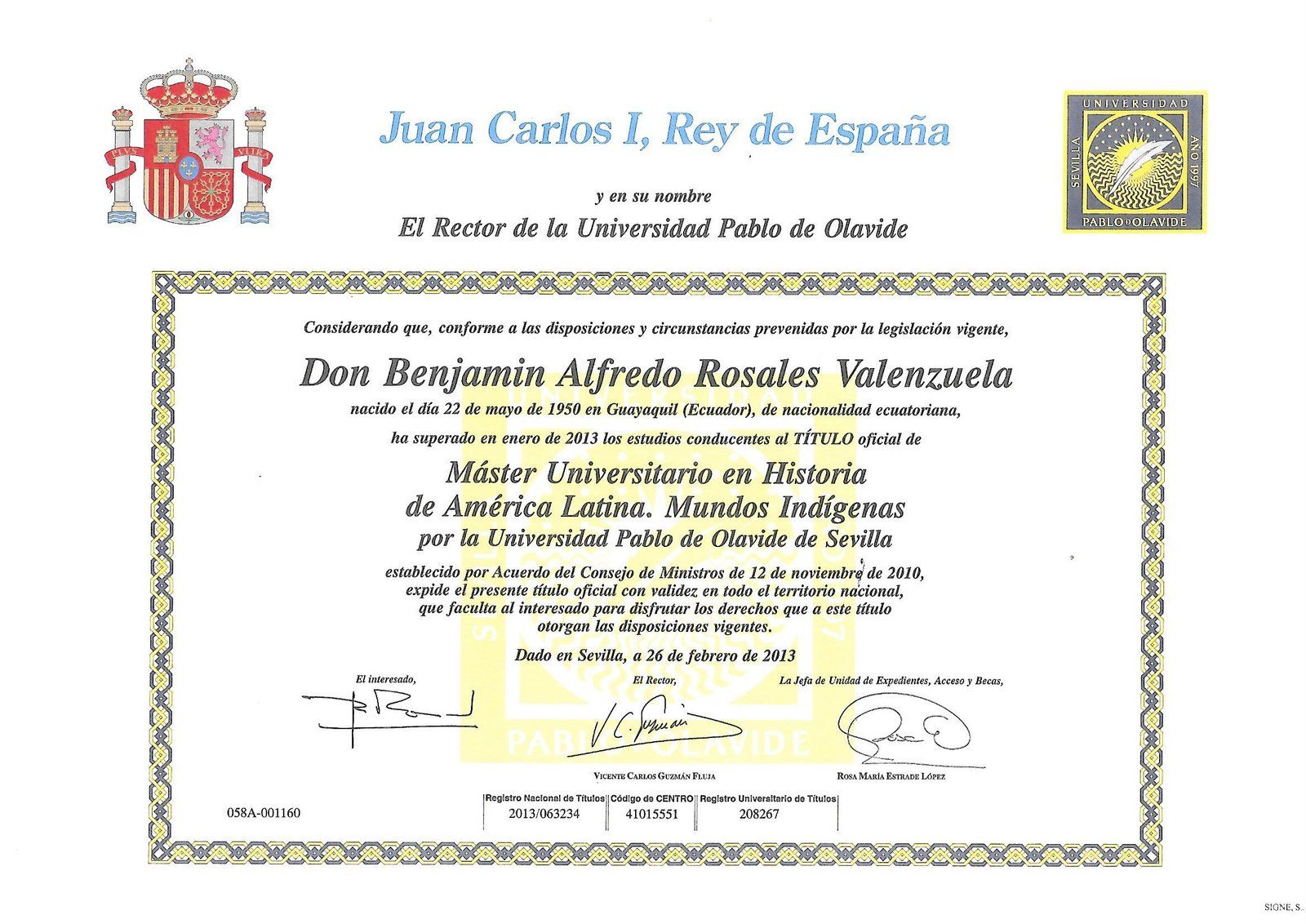 Título de Máster Universitario en Historia de América Latina, Universidad Pablo de Olavide, 2013