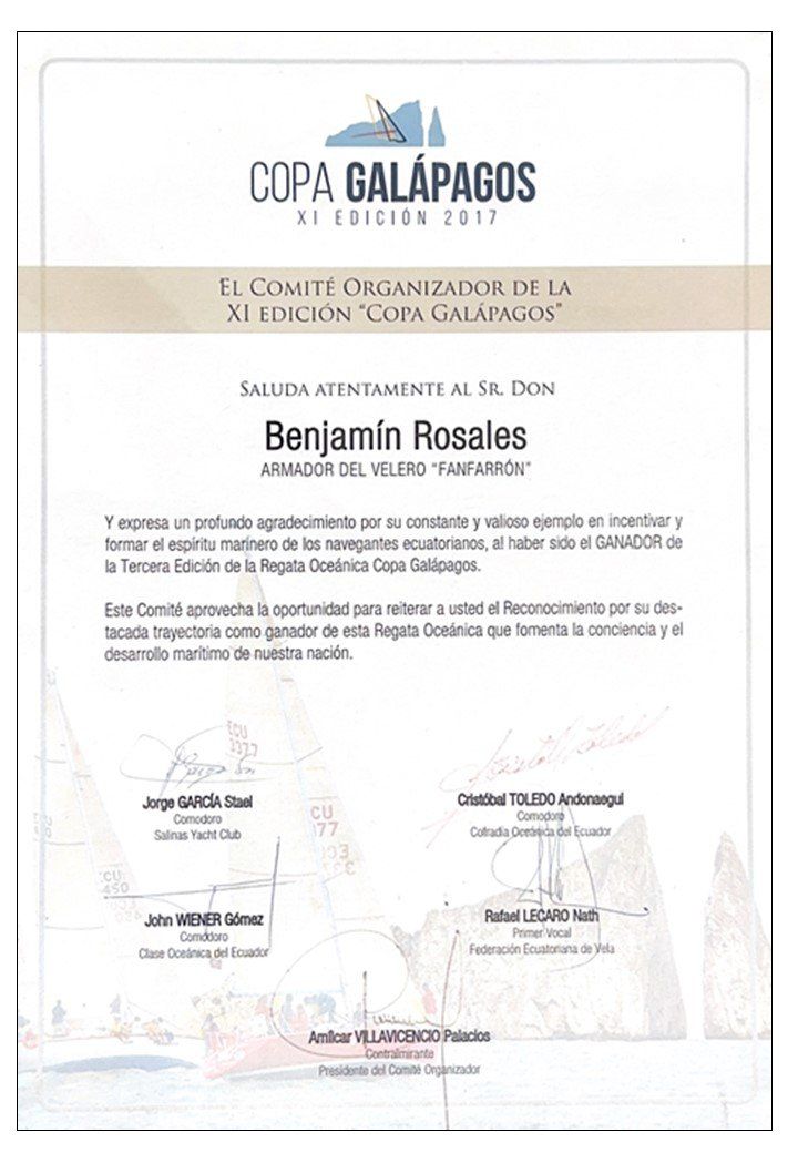 Reconocimiento del comité de la XI Copa Galápagos al armador del velero Fanfarrón, 2017
