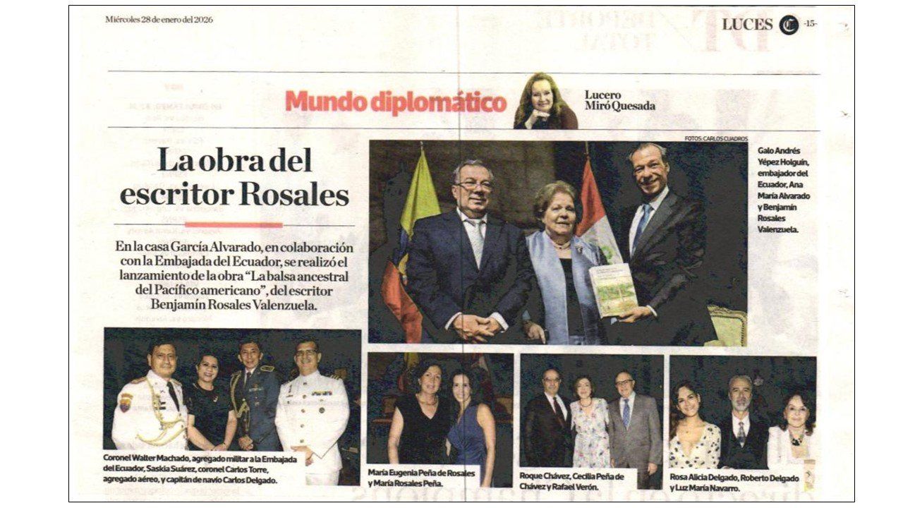 Recorte de prensa «La obra del escritor Rosales», sección Mundo diplomático, 28 de enero de 2026, sobre el lanzamiento en Lima