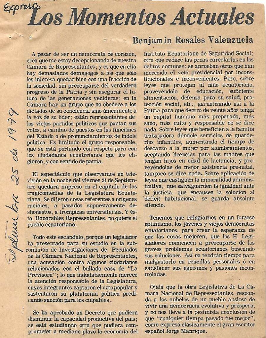 Primera página del documento original de «Los momentos actuales»